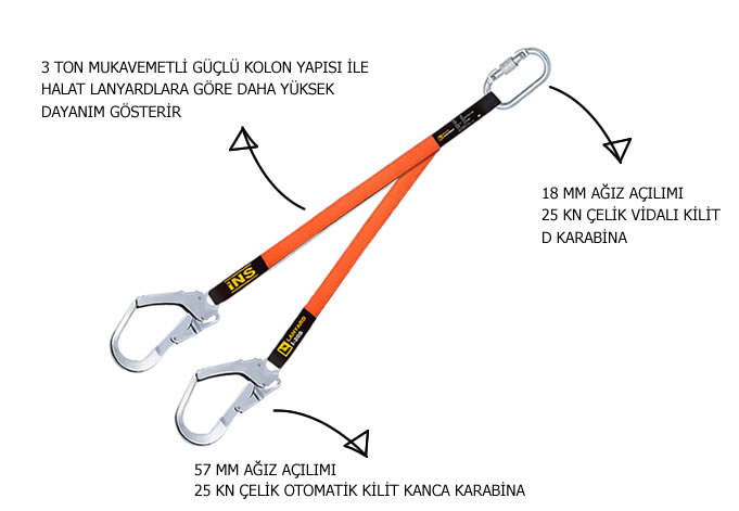 lanyard şok emicili kanca karabinalı çift kollu